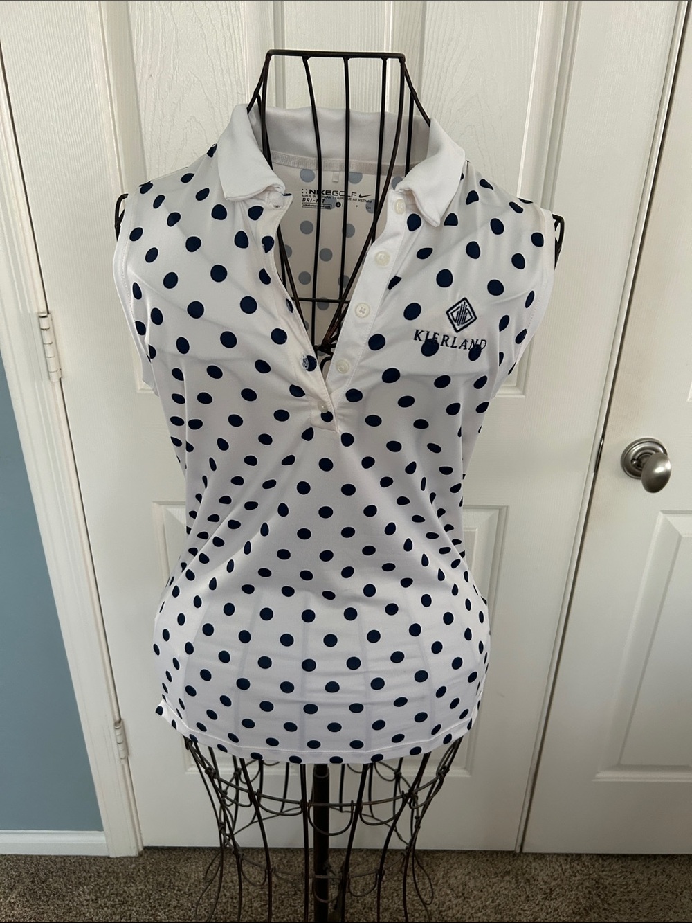 Nike White Sleeveless Polo Top with Navy Polka Dots